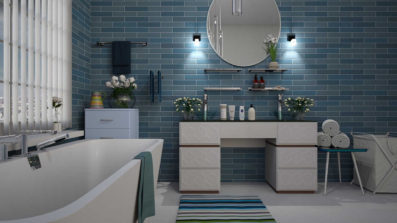 Rustgevende turquoise badkamer met zen-sfeer. Rustgevende turquoise badkamer met zen-sfeer.